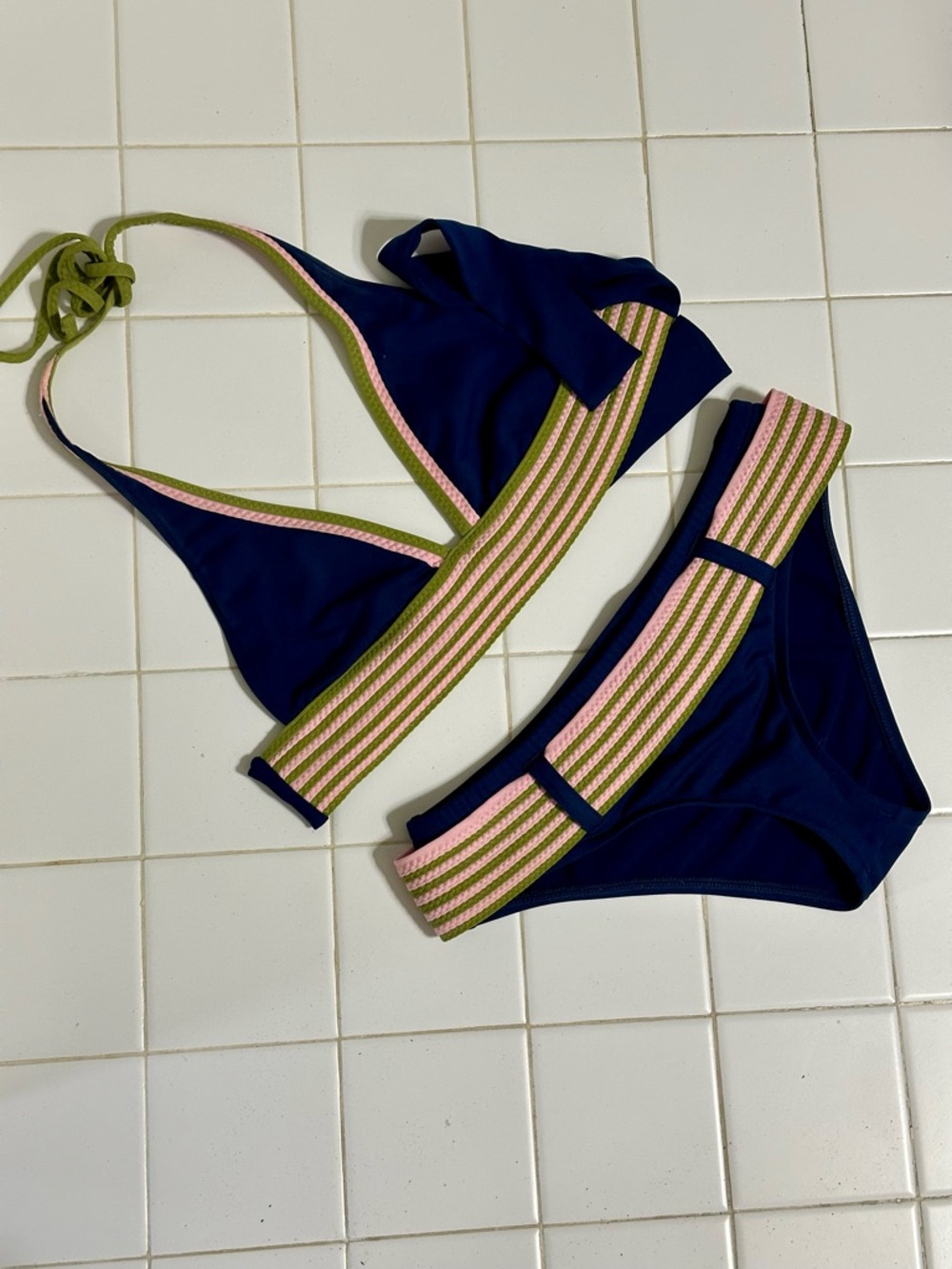 Y2K Lucky Brand Navy Bikini with Pink & Olive Striped Trim
